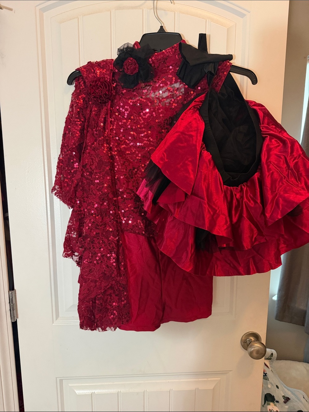 Girls Red Sequin Ruffle Dance Costume with two over skirts headpiece and gloves